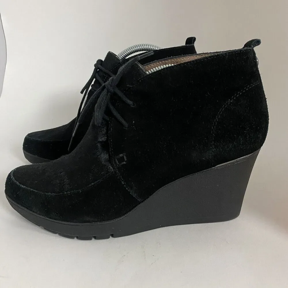 Donald J Pliner Women Sz 8 M Black Suede Nilos Ankle Wedge Booties Boots Lace Up